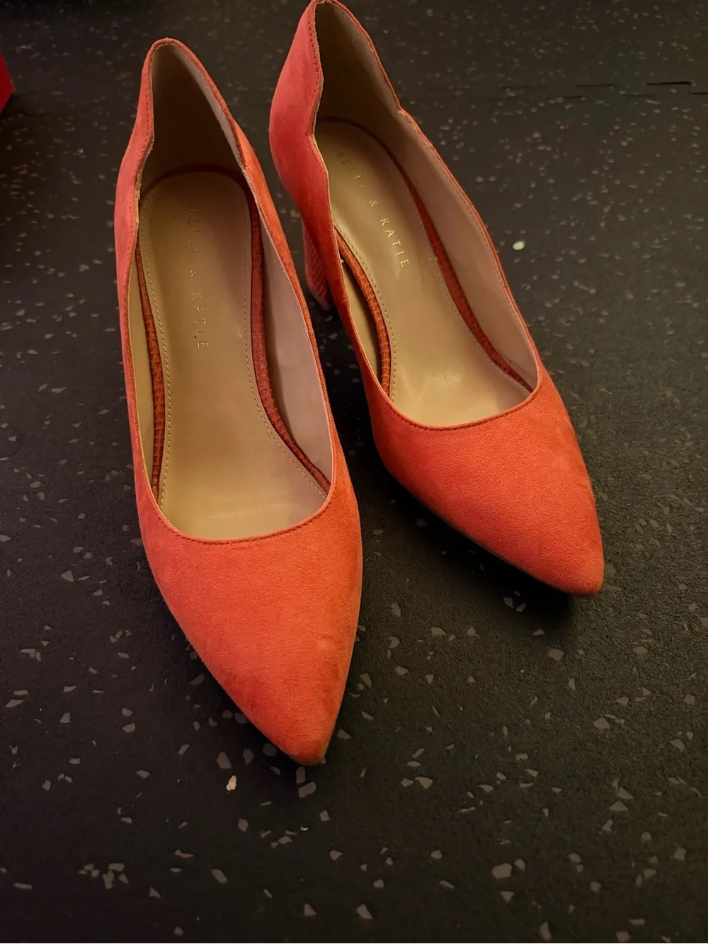 Kelly & Katie Bright Orange Suede Pointed-Toe Block Heels